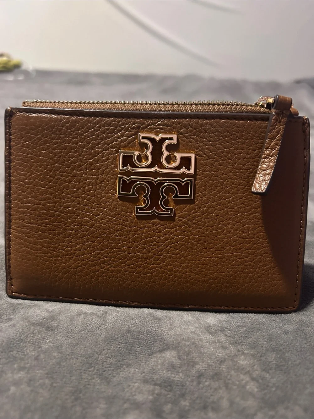 Tory Burch Cognac Pebbled Leather Zip Card Case with Gold Logo